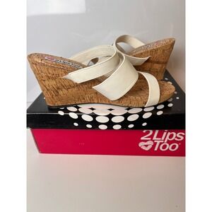 2 Lips Too Too Marius White Cork Wedge Heel Sandals Slides Shoes Size 10